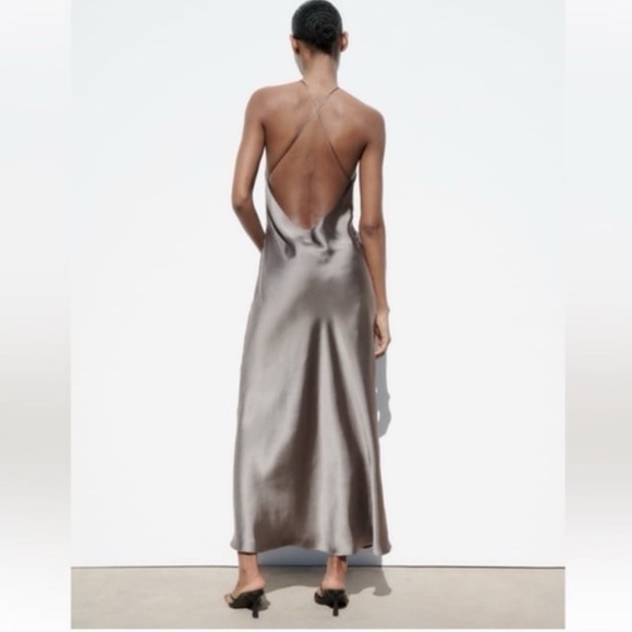 ZARA Midi Satin Slip Dress Grey charcoal - Picture 3 of 13